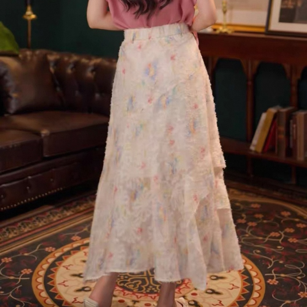 Cream Asymmetrical Tiered Maxi Skirt